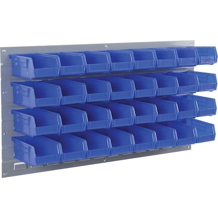 Global Industrial Wall Bin Rack Panel with (32) Blue Bins, 36x7x19